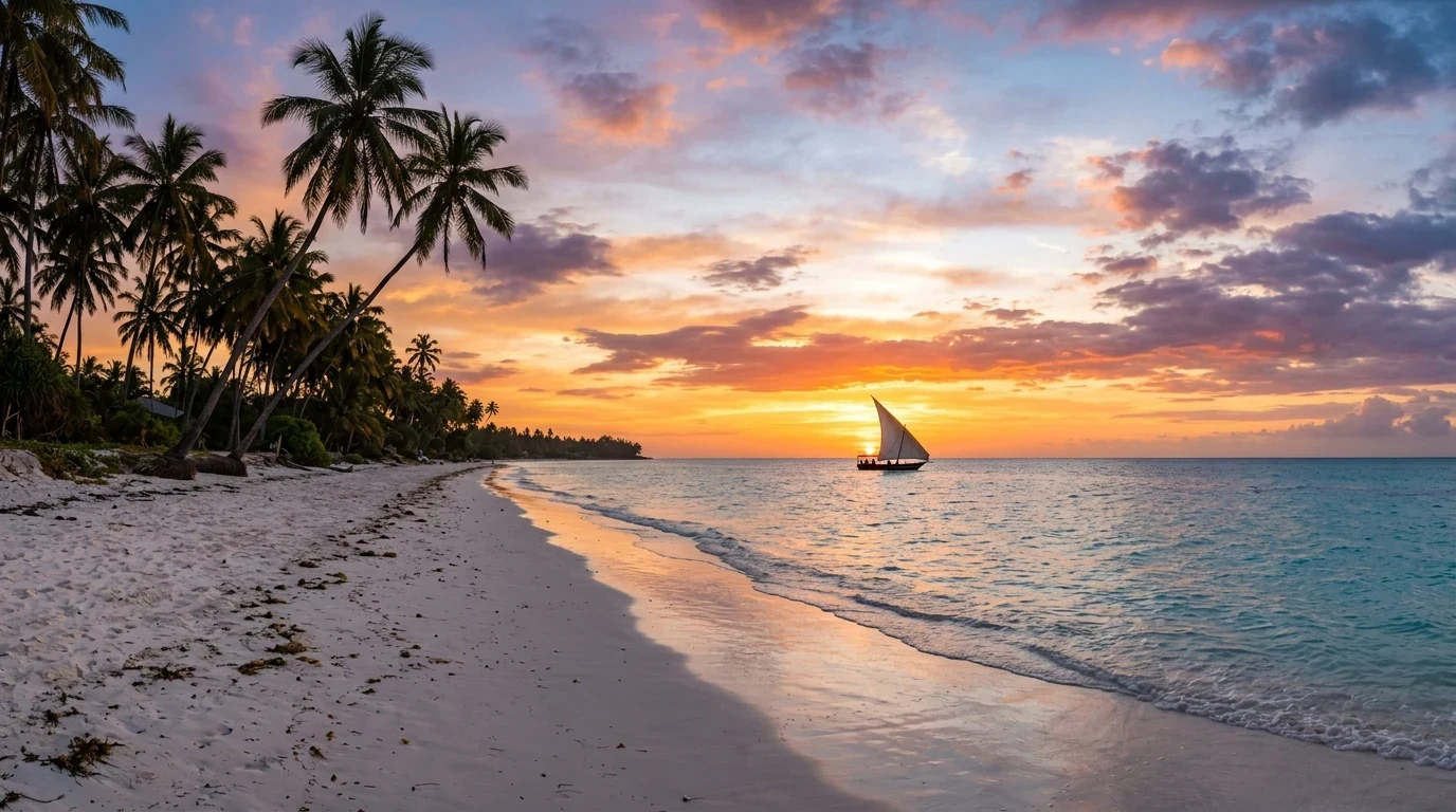 Turquoise Indian Ocean and traditional wooden dhow sailboat at sunset on Diani Beach