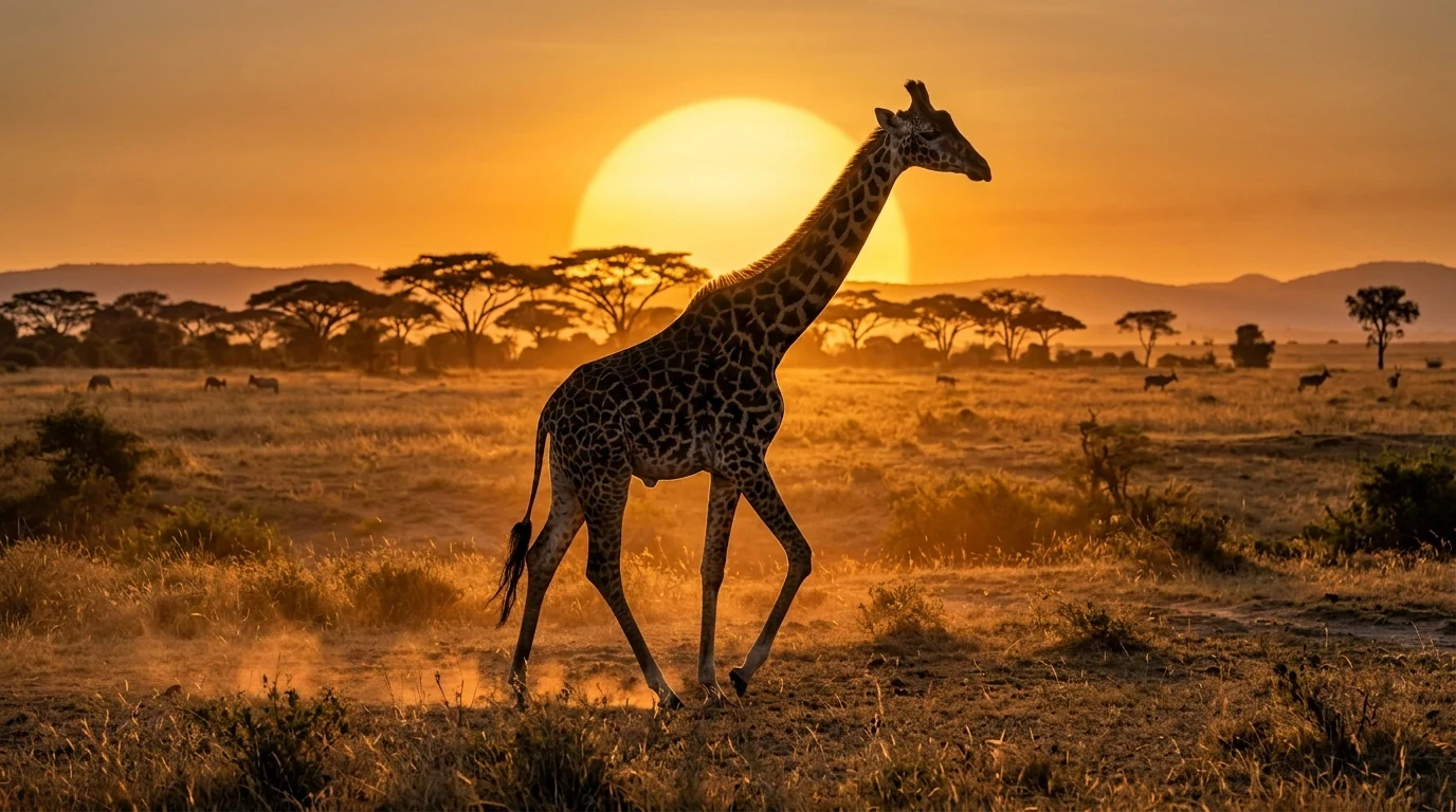 African giraffe walking across savannah against glowing setting sun and acacia trees