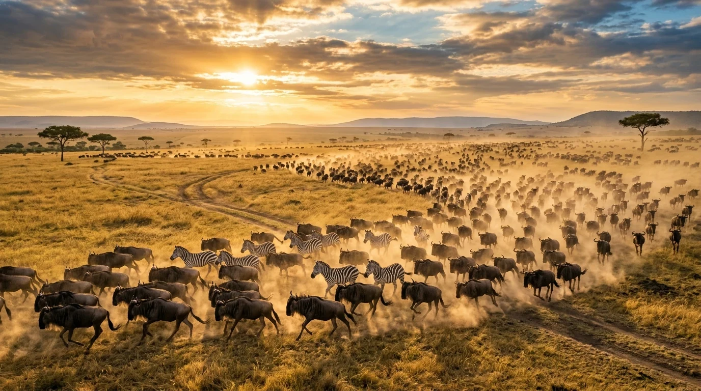 Thousands of wildebeest and zebras charging across the golden plains during Great Migration