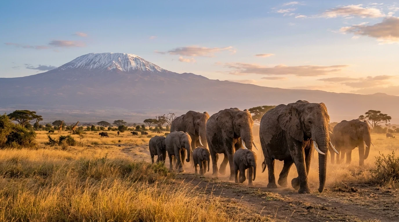 Wild elephant herd grazing under snow-capped Mount Kilimanjaro in Amboseli