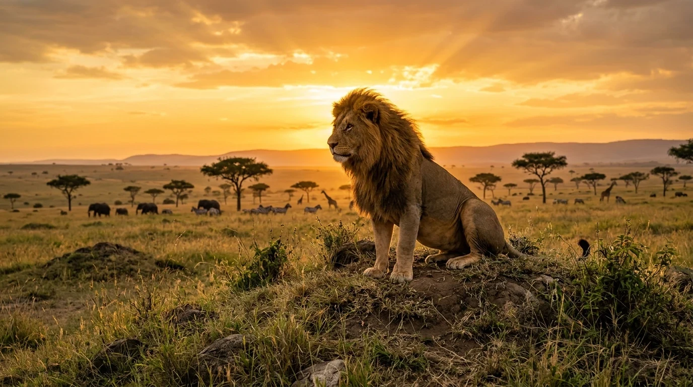 Majestic male lion on savannah mound at golden sunset in Masai Mara