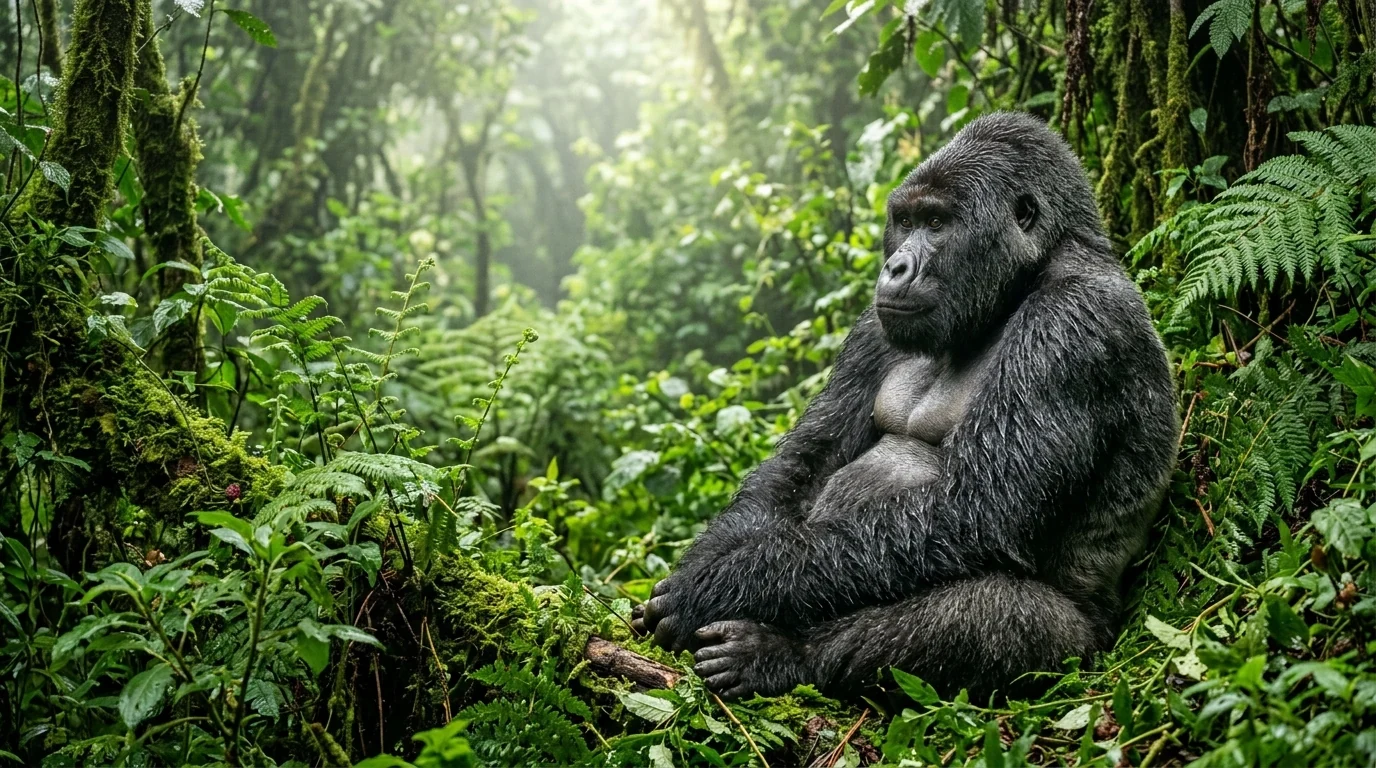 Wild mountain gorilla silverback in mist-shrouded Bwindi Impenetrable Forest